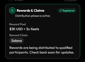 The image shows a "Rewards & Claims" panel confirming a registered status with an active distribution phase, featuring a reward pool of $3K USD and 3x Xeets distributed on the Solana chain. The text at the bottom notes that rewards are being distributed to qualified participants and instructs users to check back for updates, aligning with the post's announcement about pending payouts for the @pumpcade and @OffshoreOnMega campaigns.
