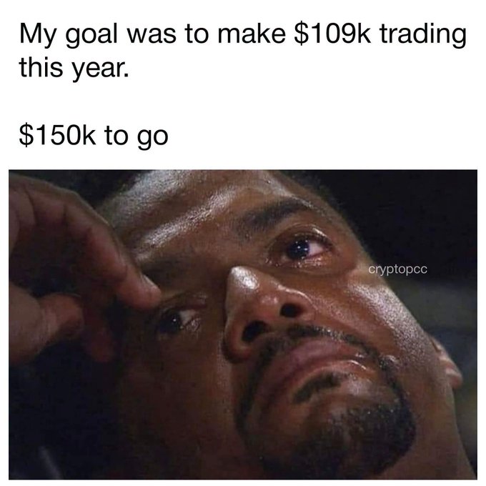 The image shows a close-up of a sweating, distressed-looking man with text reading "My goal was to make $109k trading this year" and "$150k to go." It humorously illustrates the poster's frustration with the current lackluster crypto market, which they describe as the most boring since 2017, emphasizing how far off their trading goals remain due to stagnant conditions.