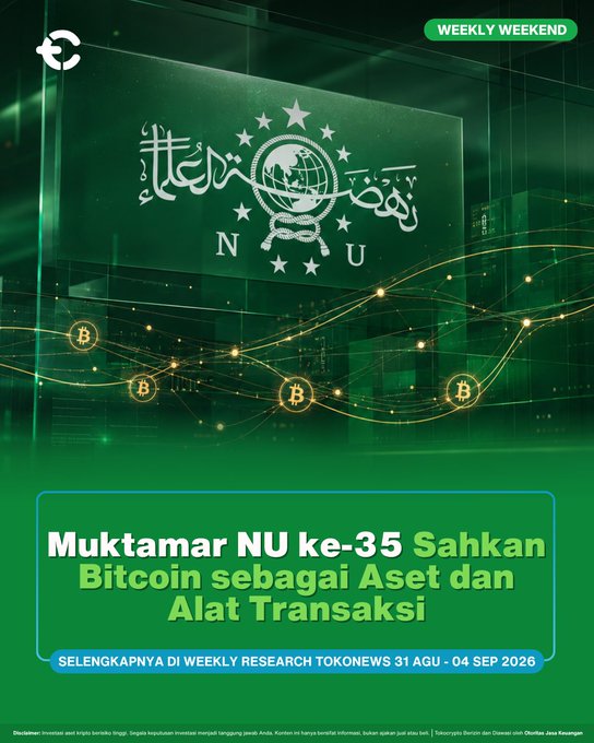 Promotional graphic for a "Weekly Weekend" research piece headlined "Muktamar NU ke-35 Sahkan Bitcoin sebagai Aset dan Alat Transaksi," featuring the Nahdlatul Ulama (NU) logo alongside Bitcoin symbols connected by glowing nodes on a green digital background, with a footer directing viewers to TokoNews's Weekly Research from Aug 31 – Sep 4, 2026. The image visually represents the article's main announcement that the 35th NU Congress, via its Bahtsul Masail Waqi'iyah Commission, has officially sanctioned Bitcoin as a permissible digital asset and medium of exchange under Islamic jurisprudence.