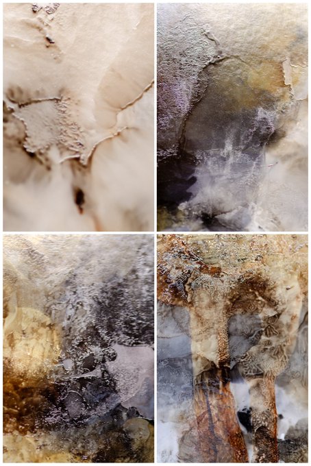 A four-panel grid showcasing abstract artwork with fluid, organic textures in earthy tones of brown, beige, purple, and cream, resembling alcohol ink or watercolor paintings.