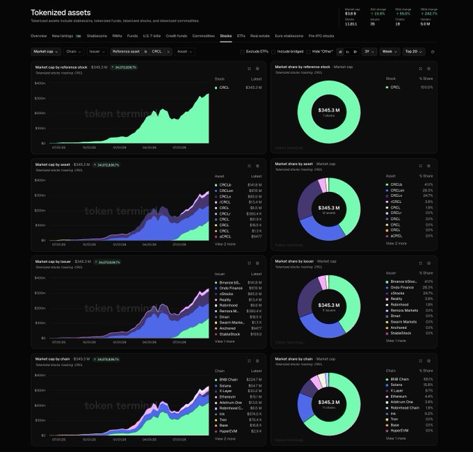 A dark-themed analytics dashboard titled "Tokenized assets" displays data from Token Terminal about Circle's stablecoin exposure, highlighting a market cap of $345.3M (+1390.698%) across 12 assets, 11 issuers, and 12 chains, with breakdowns showing CRCLb as the leading asset at $141.8M, Binance bStocks as the top issuer, and BNB Chain at $224.7M dominating by chain.