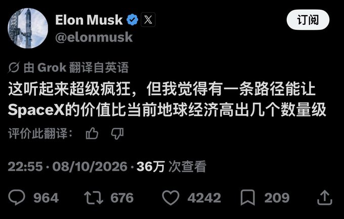 A screenshot of a tweet from Elon Musk (@elonmusk) translated by Grok into Chinese, stating '这听起来超级疯狂，但我觉得有一条路径能让SpaceX的价值比当前地球经济高出几个数量级', dated 08/10/2026.