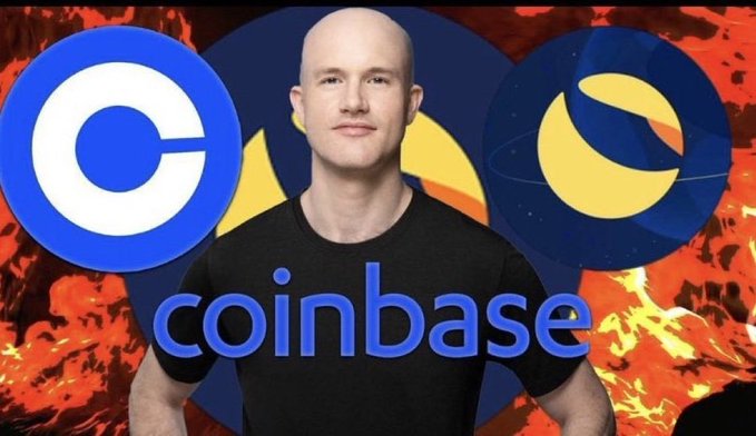 An image of Coinbase CEO Brian Armstrong wearing a black t-shirt, standing in front of a fiery red background featuring the Coinbase logo and another crypto-related circular logo.