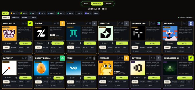 A screenshot of the "Whitelist Desk" page on NeverFuckingTrade showing an "Upcoming Whitelists" grid of mint opportunities, including projects like Yield Fields, ZADOR, Fermah, Derpfutal, Frontier Trading, The BUGS, Catalyst, Pocket Dragons, Wick, Zicfrogs, Raycash, and Mindgames AI, each with details such as mint dates (Dec 11, Dec 12), ETH prices, community size, and APPLY buttons.