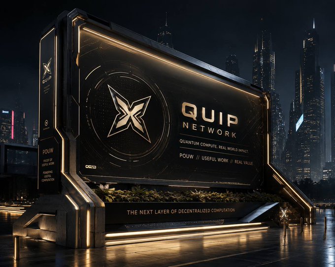 A futuristic billboard in a city at night advertising 'QUIP NETWORK' as 'The Next Layer of Decentralized Computation' with tags 'POUW', 'USEFUL WORK', and 'REAL VALUE'.