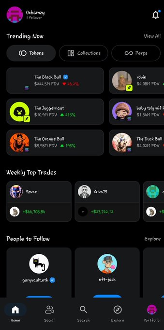 A mobile app interface displays a 'Trending Now' section with NFTs like 'The Black Bull' ($222.5M FDV) and 'The Juggernaut' ($10.9M FDV), along with 'Weekly Top Trades' and 'People to Follow' sections.