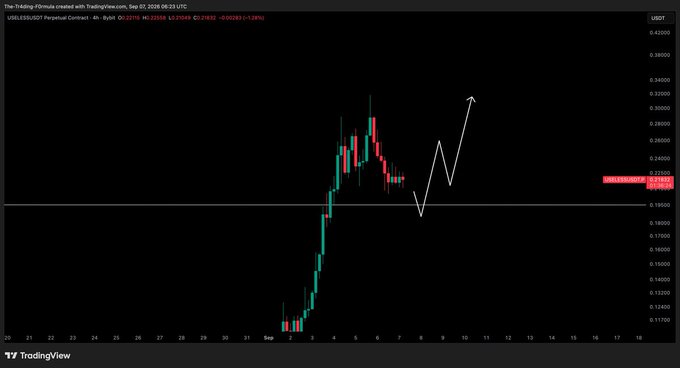 A TradingView 4-hour candlestick chart of USELESSUSDT Perpetual Contract on the Bybit exchange, showing a volatile price pattern with a hand-drawn white zigzag line indicating an expected uptrend, currently at 0.22113.