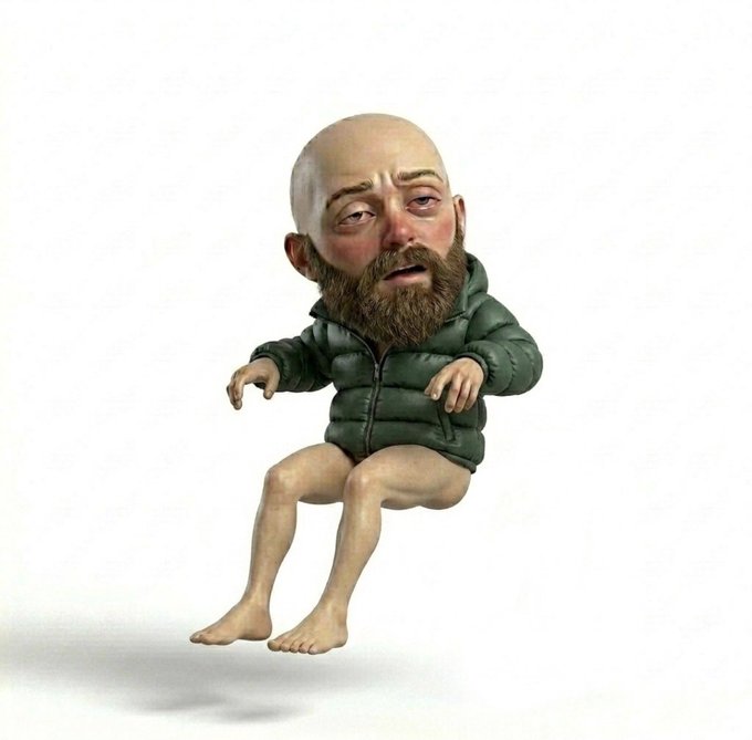 A 3D-rendered cartoon character of a bald, bearded man wearing an oversized green puffer jacket, sitting barefoot with a weary expression.