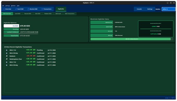A DigiByte (DGB) and DigiDollar (DGD) wallet interface showing an available balance of 675.00 DGD, 420.00 DGB pending, and a list of recent confirmed transactions.