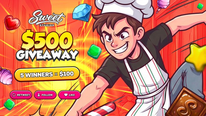 A vibrant promotional banner for Sweet Studios features a cartoon chef character surrounded by candy and gemstones, advertising a "$500 GIVEAWAY" with "5 WINNERS x $100." It encourages participants to retweet, follow, and like to celebrate the studio's first game submission to @PlaySweetStudio.