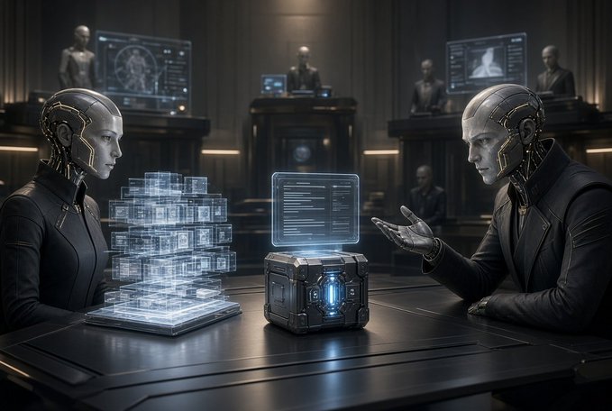 Two humanoid AI agents face each other across a dark, futuristic chamber, with one presenting glowing holographic data stacks and the other gesturing toward a central encrypted device displaying legal text—visually echoing the Internet Court concept where validators arbitrate smart contract disputes between autonomous AI parties.