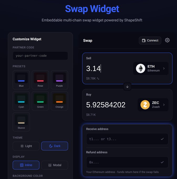 A ShapeShift Swap Widget interface showing customization options and a swap of 3.14 ETH for 5.92584202 ZEC.
