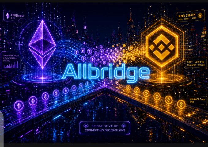 A digital graphic shows 'Allbridge' connecting the Ethereum and BNB Chain logos, with labels like 'SMART CONTRACTS DECENTRALIZED' and 'BRIDGE OF VALUE CONNECTING BLOCKCHAINS'.