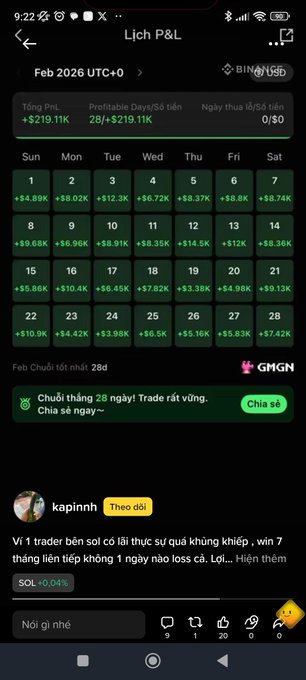 The image shows a Binance trading P&L calendar for February 2026 displaying daily profits ranging from +$0.04K to +$14.5K, with total monthly profit of +$219.11K and a $0/$0 win/loss record across all 28 days. This relates to the post as the user is asking for information about this specific wallet to "follow" its trades, noting their own poor performance of not having a single winning day all month.