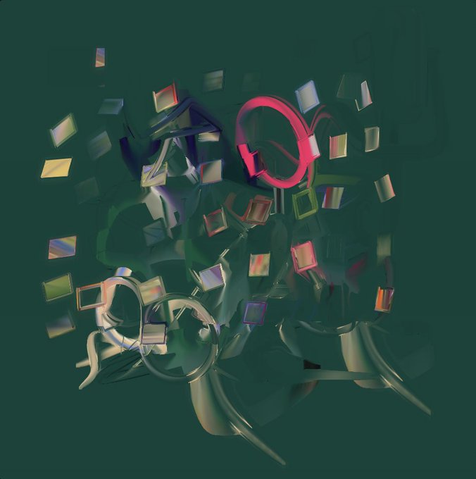 An abstract, surreal 3D artwork featuring colorful floating cubes and distorted, curved shapes against a dark green background.