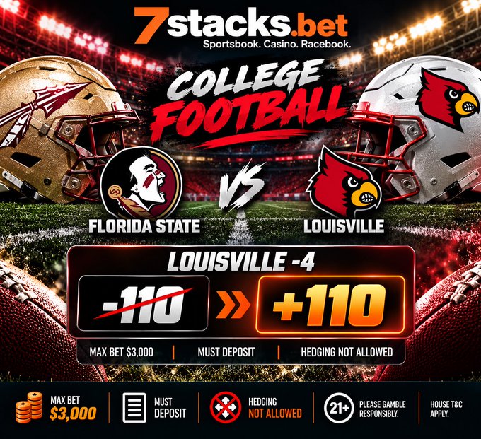 A 7stacks.bet promotional graphic for a College Football matchup between Florida State Seminoles and Louisville Cardinals, showing a line change from -110 to +110 for Louisville -4.