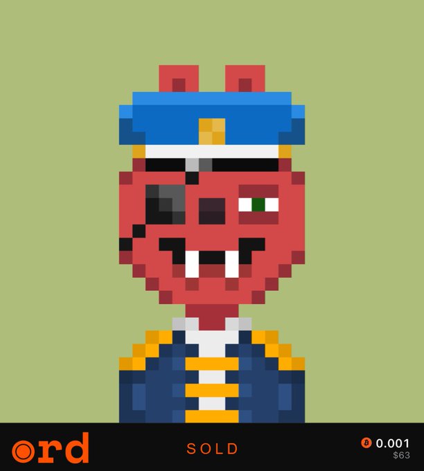 Pixel art of a red pig character dressed as a naval officer in a blue hat and uniform, with 'ord SOLD 0.001 $63' displayed at the bottom.