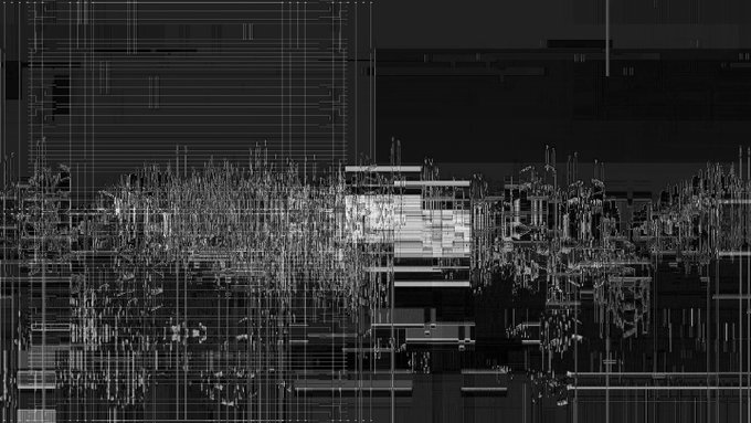 A high-contrast black and white digital artwork features a dense grid of intersecting lines and fragmented geometric shapes, with a bright white rectangular cluster serving as the central focal point against the dark background. The chaotic, glitch-like composition visually echoes the "fragments" theme of the ZTX-105 Special Edition NFT being auctioned on the Tezos/objkt platform.