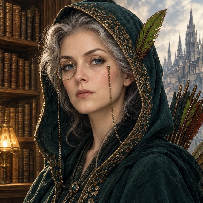 A fantasy portrait of a woman with silver hair wearing a green embroidered hood, a monocle on a chain, and holding a quiver of feathered arrows, with a gothic castle in the background.
