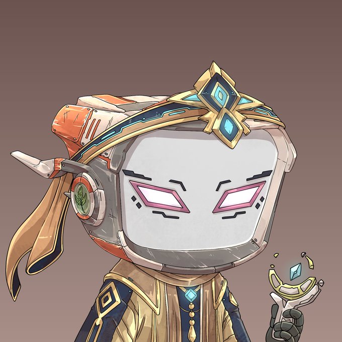 A stylized character with a TV-shaped head wearing an ornate crown and scarf holds a glowing gem in their hand.
