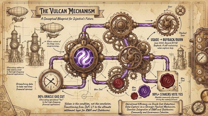 The image features a detailed illustration of an intricate steam engine, with various gears and mechanisms that represent different aspects of the mechanism. The steam engine is connected by pipes, which are colored purple and red, symbolizing the power and energy within the system. The image also includes text elements such as "The Vulcan Mechanism" and "Injective's big brain move to break free from the just another DeFi L1 label". This suggests that the image is related to a steam engine or steam-powered machinery, possibly discussing the innovation behind it or the concept of using steam power in modern times.