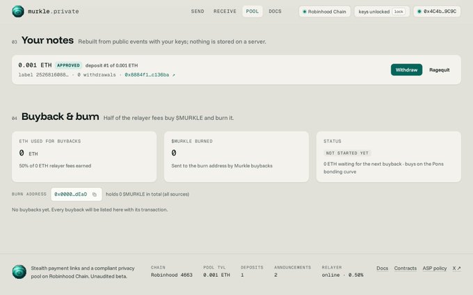 A dashboard screenshot of a cryptocurrency site called 'mukle.private' showing sections for 'Your notes' (a 0.001 ETH deposit on Robinhood Chain) and 'Buyback & burn', with a 0.001 ETH pool TVL.