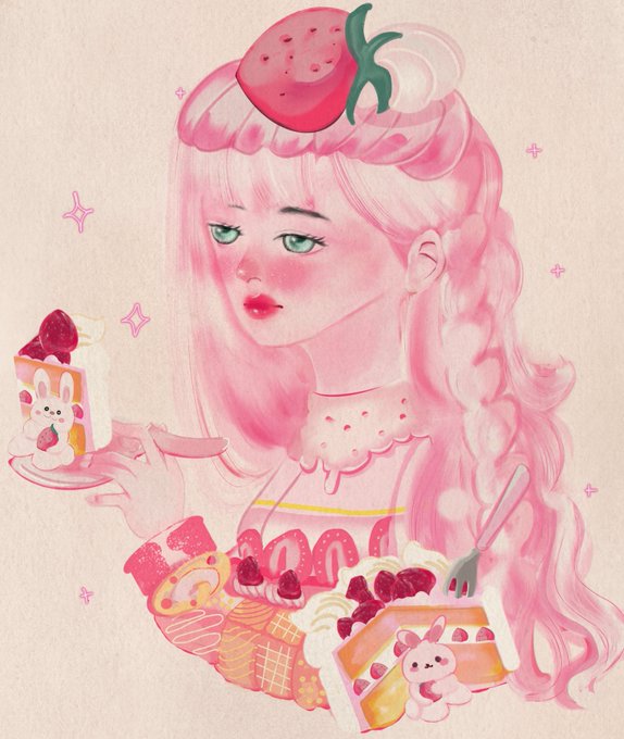 A pink-toned illustration of a girl with long pink hair wearing a strawberry on her head, surrounded by cute desserts and small bunnies.