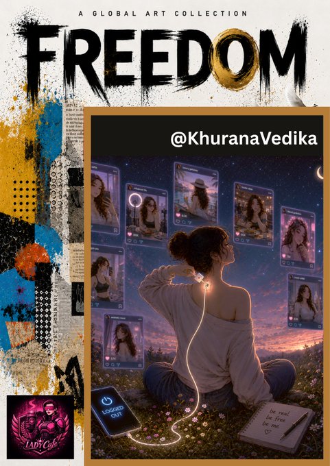 The image showcases promotional artwork for a "FREEDOM" global art collection drop, featuring a woman sitting in a field at sunset with smartphone profile screens floating around her and a phone displaying "LOCKED OUT" at her feet—visually representing the concept of "Freedom Beyond the Feed." The artwork is credited to @KhuranaVedika, with the drop scheduled for July 3 at 1/1 10 XRP, organized by @lady_cafe1 and @NftSunage.