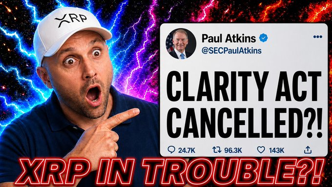 A man wearing an "XRP" cap reacts with a shocked expression, pointing toward a tweet from SEC's Paul Atkins (@SECPaulAtkins) reading "CLARITY ACT CANCELLED?!" which has 24.7K comments, 96.3K retweets, and 143K likes, set against a vibrant lightning-themed background with the bold caption "XRP IN TROUBLE?!" — the post counters this alarmist framing by clarifying that the Clarity Act's House sessions were rescheduled, not killed, and that meaningful crypto legislation historically passes during the November/December lame-duck period.