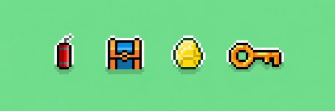 Four pixel-art icons arranged horizontally on a green background, depicting a dynamite stick, a treasure chest, a gold nugget, and a key—classic adventure/retro game motifs used as visual flair for an NFT project announcement. The vibrant gaming-inspired imagery complements the post's promotion of the "Alpha Project" by @Billiz_nft, reinforcing themes of unlocking value, hidden treasures, and bullish potential.