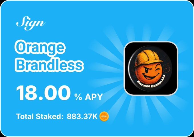 A promotional card showing an 'Orange Brandless' token staking opportunity with 18.00% APY and 883.37K total staked, featuring an orange character wearing a hard hat.