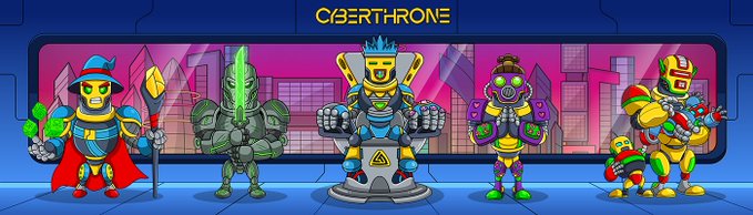 Promotional artwork for 'CYBERTHRONE' featuring five robot-like characters, with a crowned figure on a throne in the center, set against a cyberpunk cityscape background.