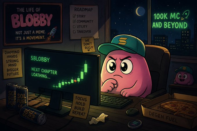 The image features a cartoon character wearing a baseball cap, sitting at a desk with a computer monitor and keyboard in front of him. Another person can be seen behind him. The desk also has several pizza boxes and two cans of beer on top of it. A book is placed nearby, adding to the scene's casual atmosphere.

The post displays an illustration of the cartoon character sitting at his desk, with the words "focus" and "lifeofblobby" written in the image. The post also contains text related to BLOBBY investing in SOLANADI's pump function.