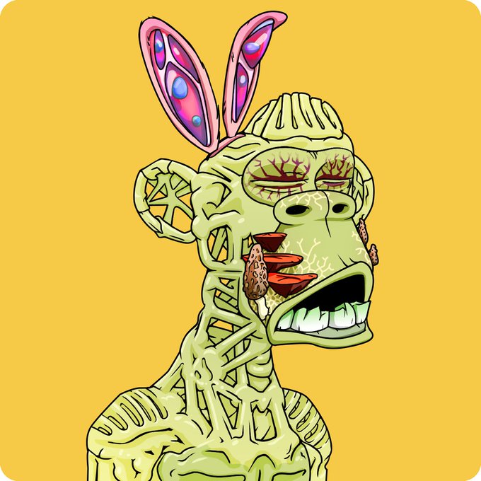 A grotesque green-skinned mutant character with pink bunny ears and mushroom growths on its face appears in zombie profile view against a yellow background. The image ties to the post's news about a new staff member joining Bored Ape Yacht Club, likely representing one of the club's iconic NFT characters.