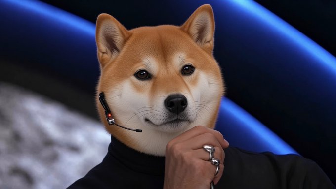 A surreal meme image of a Shiba Inu dog wearing a black shirt and headset, posed like a corporate call center worker, with a human hand wearing rings resting near its chin.