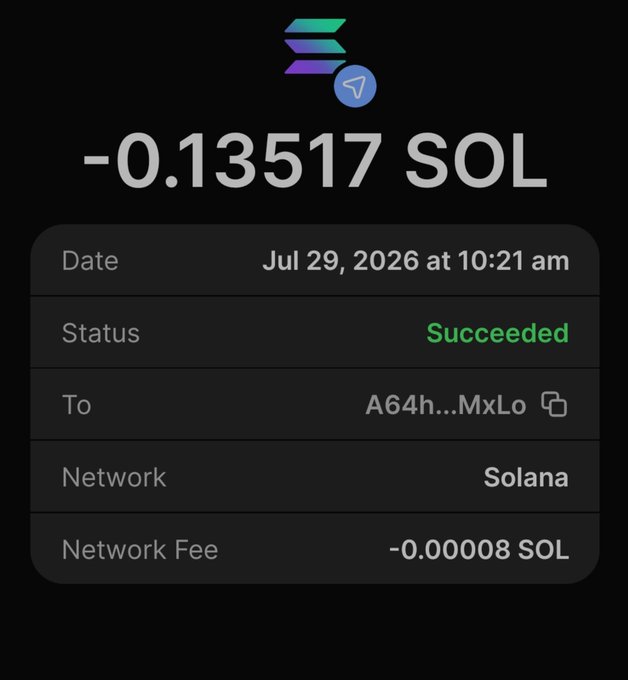 A screenshot of a successful Solana transaction showing -0.13517 SOL (approximately $10) sent to wallet address A64h...MxLo on July 29, 2026 at 10:21 am, with a network fee of -0.00008 SOL. The image serves as proof of the payment sent to @d_elite00 referenced in the accompanying post.
