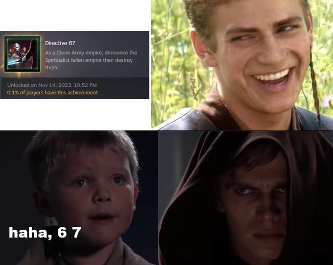 A four-panel meme featuring Anakin Skywalker and a young boy, with one panel showing a Steam achievement called 'Directive 67' and the text 'haha, 67'.