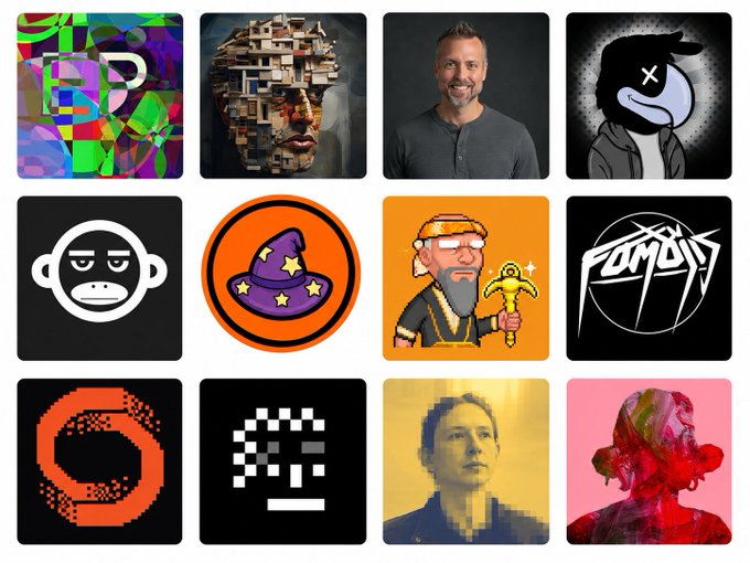 A 3x4 grid of NFT-style profile pictures and avatars, including pixel art, abstract portraits, and a pixelated orange 'C' logo on black backgrounds.