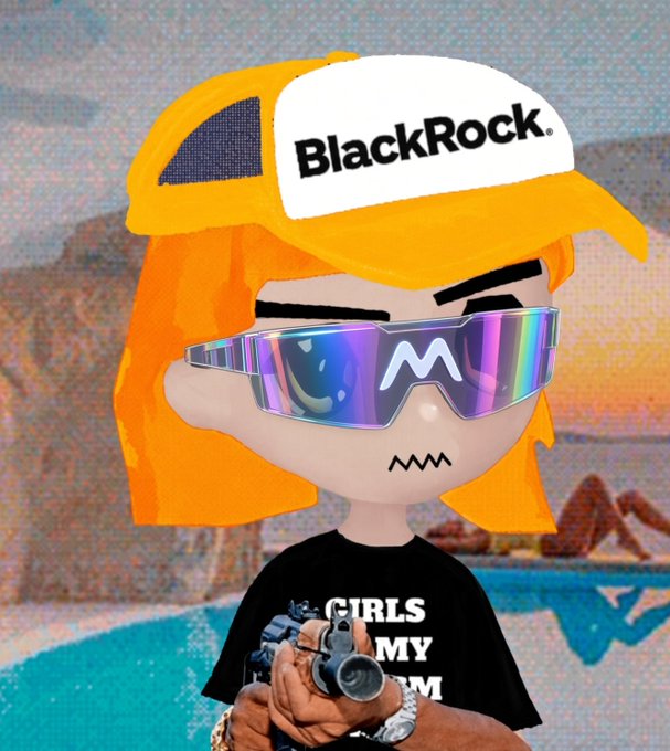 A cartoon-style illustration of a character wearing a 'BlackRock' trucker hat, sunglasses, and a shirt reading 'GIRLS MY ARMY', while holding a gun.