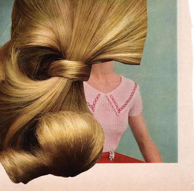 A vintage-style collage showing a blonde woman in a pink top whose head is obscured by a large mass of styled blonde hair.