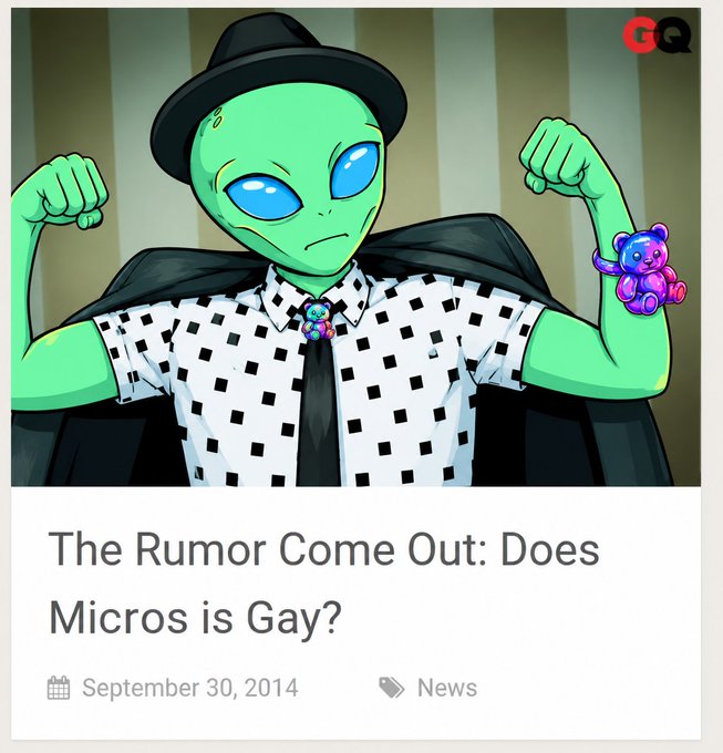 A GQ news article from September 30, 2014, is titled 'The Rumor Come Out: Does Micros is Gay?' and features an illustration of a green alien character wearing a hat, tie, and cape, while flexing its arms and wearing a purple bear bracelet.