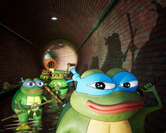 A 3D illustration showing several Teenage Mutant Ninja Turtles, including one wearing a blue mask, standing in a dimly lit brick sewer tunnel, with one turtle's large face prominently in the foreground.