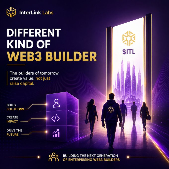Promotional graphic for InterLink Labs ($ITL) declaring itself a "Different Kind of Web3 Builder," featuring silhouettes walking toward a futuristic cityscape through a glowing portal, alongside text emphasizing building solutions, creating impact, and driving the future rather than just raising capital.