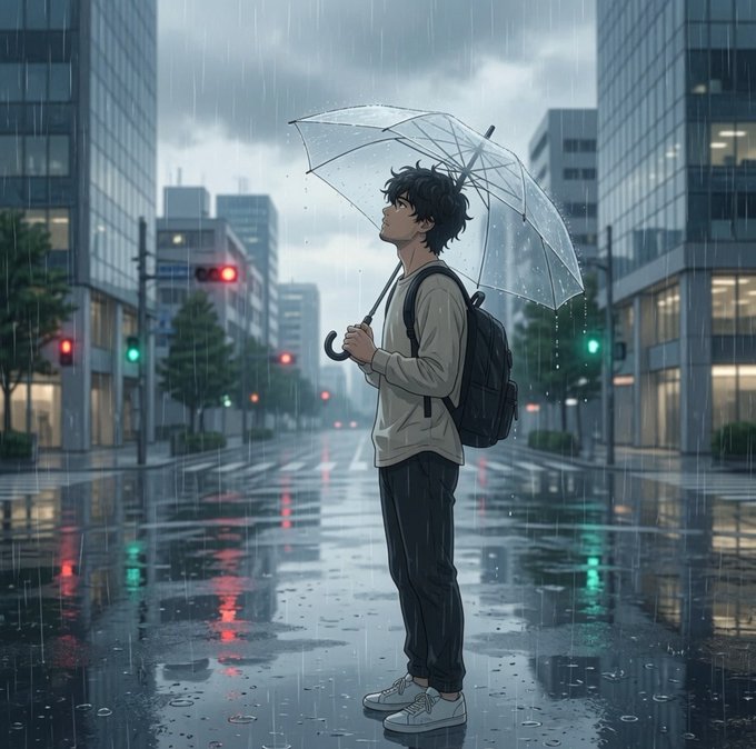 Anime-style artwork of a young man with dark hair and a backpack standing in a rainy city street at dusk, holding a clear umbrella and looking up at the sky.