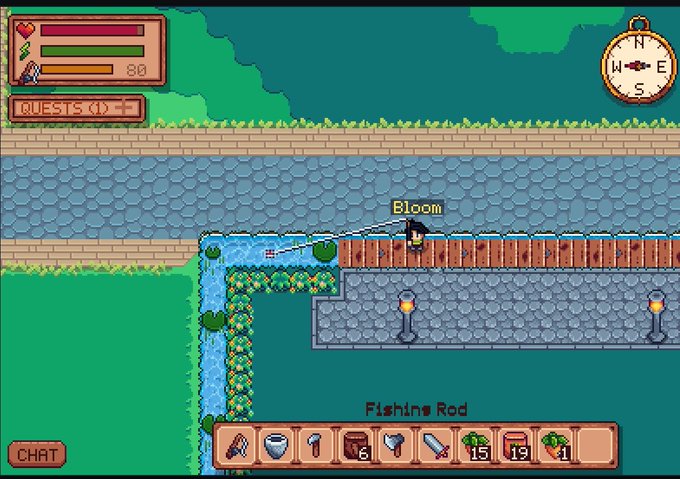 A pixel art video game screenshot showing a character named 'Bloom' on a wooden bridge in a stone area, with UI elements including a compass, quest tracker (1/3), health bars, and inventory showing items like a Fishing Rod.