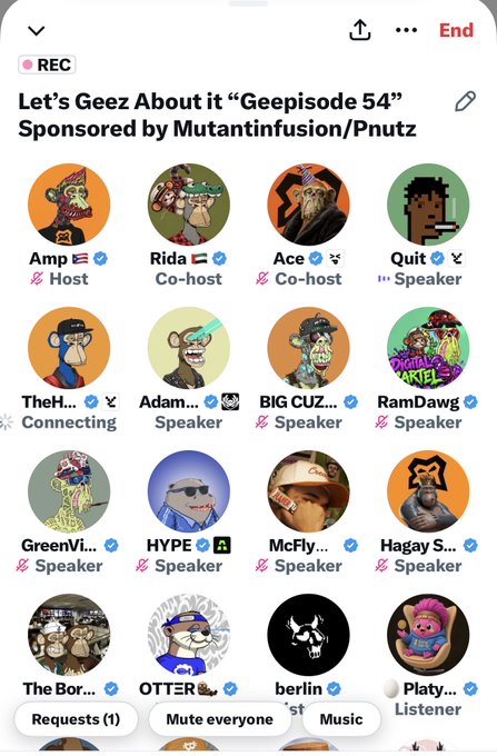 A mobile screen showing a Clubhouse recording titled 'Let's Geez About it "Geepisode 54" Sponsored by Mutantinfusion/Pnutz' with multiple speaker avatars including Amp, Rida, Ace, Quit, TheH, Adam, BIG CUZ, and RamDawg.
