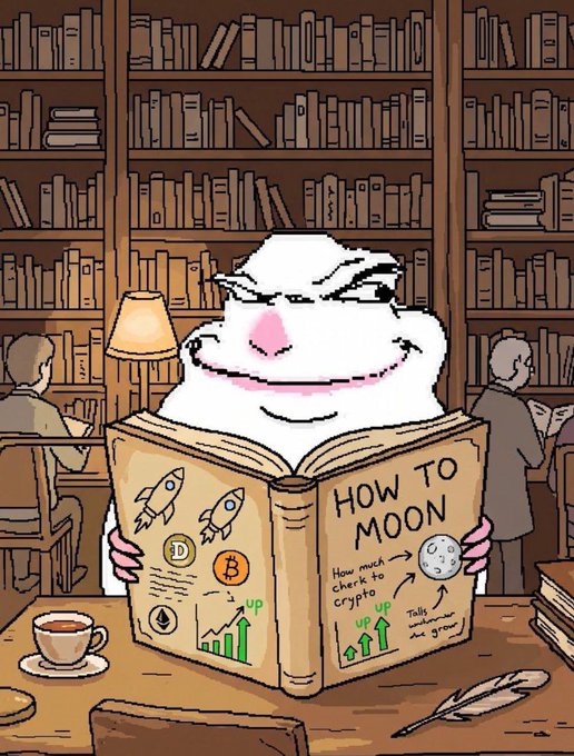 A digital illustration of a smug-looking white cartoon character reading a book titled 'HOW TO MOON' in a library, with the pages showing rocket ships and charts about cryptocurrency increasing in value.