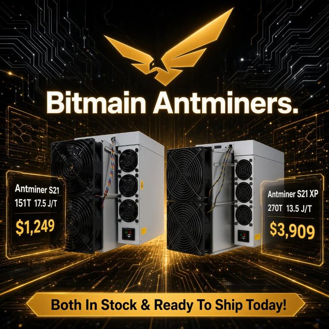 A promotional advertisement for Bitmain Antminers, displaying the Antminer S21 priced at $1,249 and the Antminer S21 XP priced at $3,909, both noted as in stock and ready to ship.