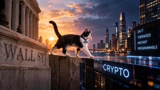 A cat walks along a ledge between a stone structure engraved with 'WALL ST' and a 'CRYPTO' sign, with a sunset-lit city skyline and a digital billboard reading '24/7 TOKENIZED INSTANT PROGRAMMABLE' in the background.