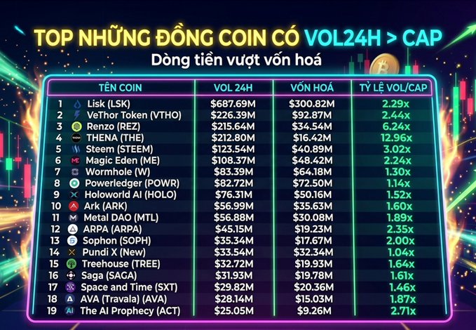 A Vietnamese cryptocurrency infographic titled 'TOP NHỮNG ĐỒNG COIN CÓ VOL24H > CAP - Đồng tiền vượt vốn hóa', listing 19 coins including Lisk (LSK), VeThor Token (VTHO), Renzo (REZ), and THENA (THE) with their 24H volume, market cap, and volume/cap ratio.